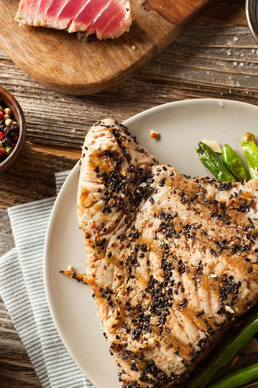 Grilled Sesame Tuna Steaks Drizzled with Garlic Ghee