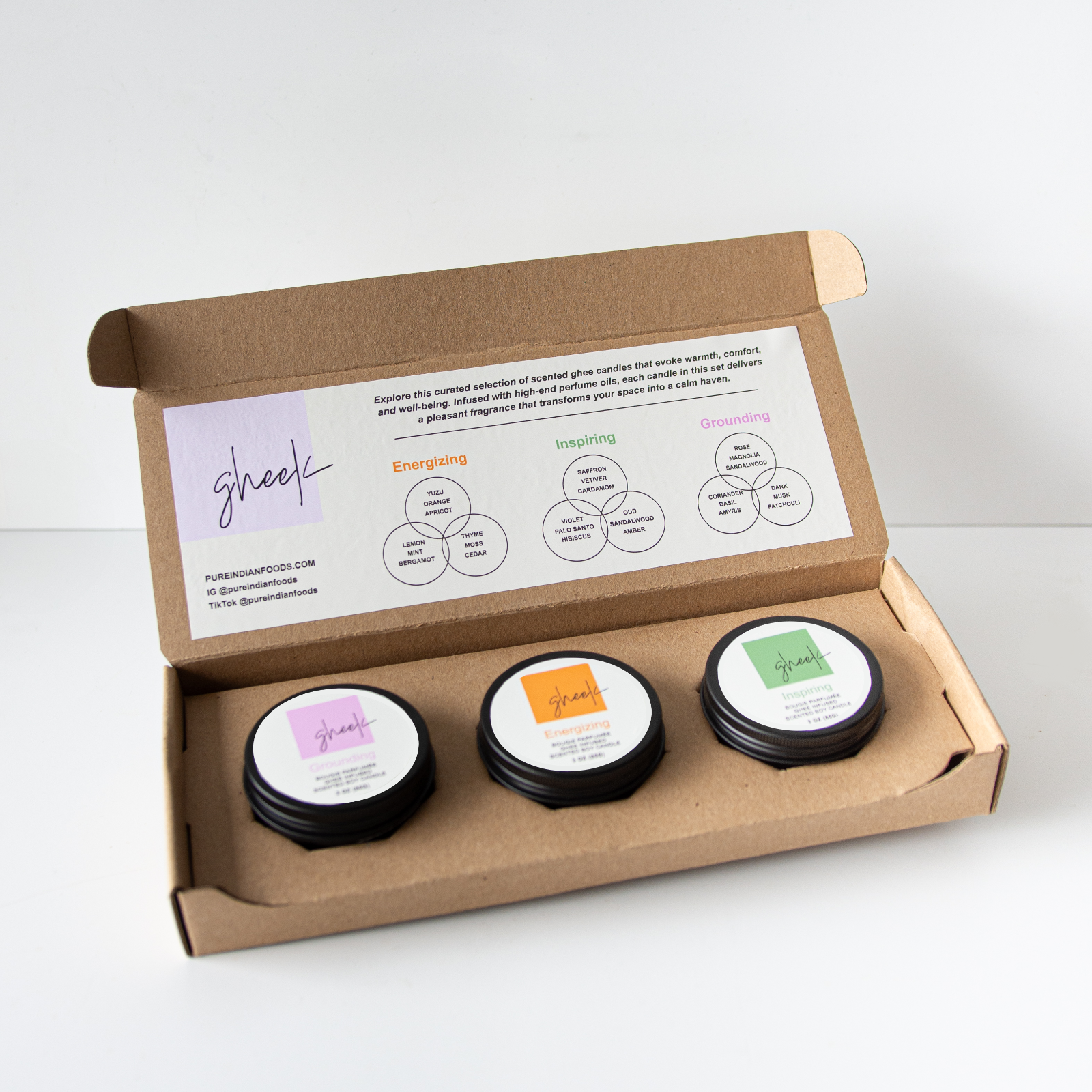 An open package of scented ghee candles in the Ayurvedic Aromatherapy collection from Gheek.
