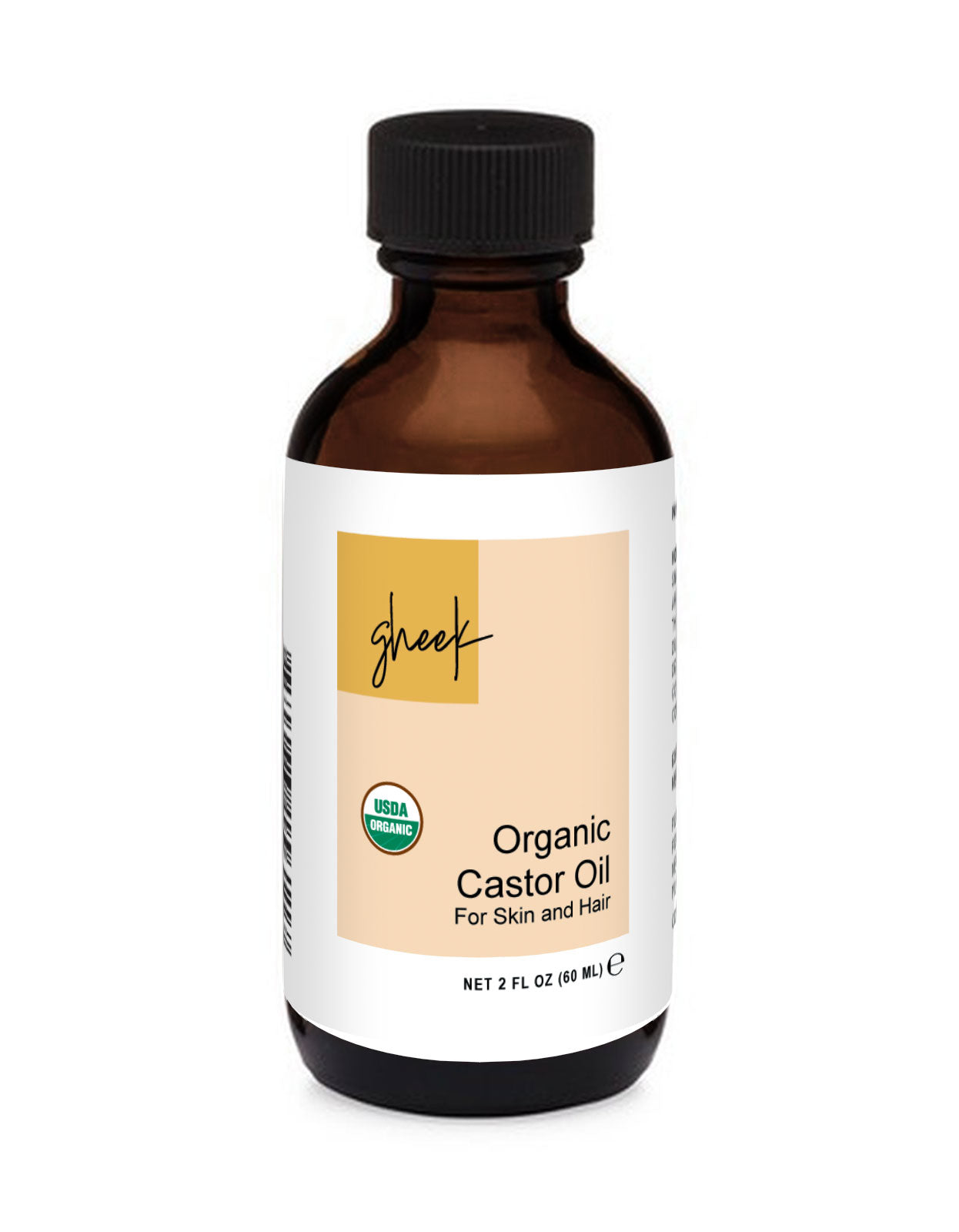 1 bottle of our GHEEK brand Organic Castor Oil for Skin and Hair in a dark amber glass bottle on a white background
