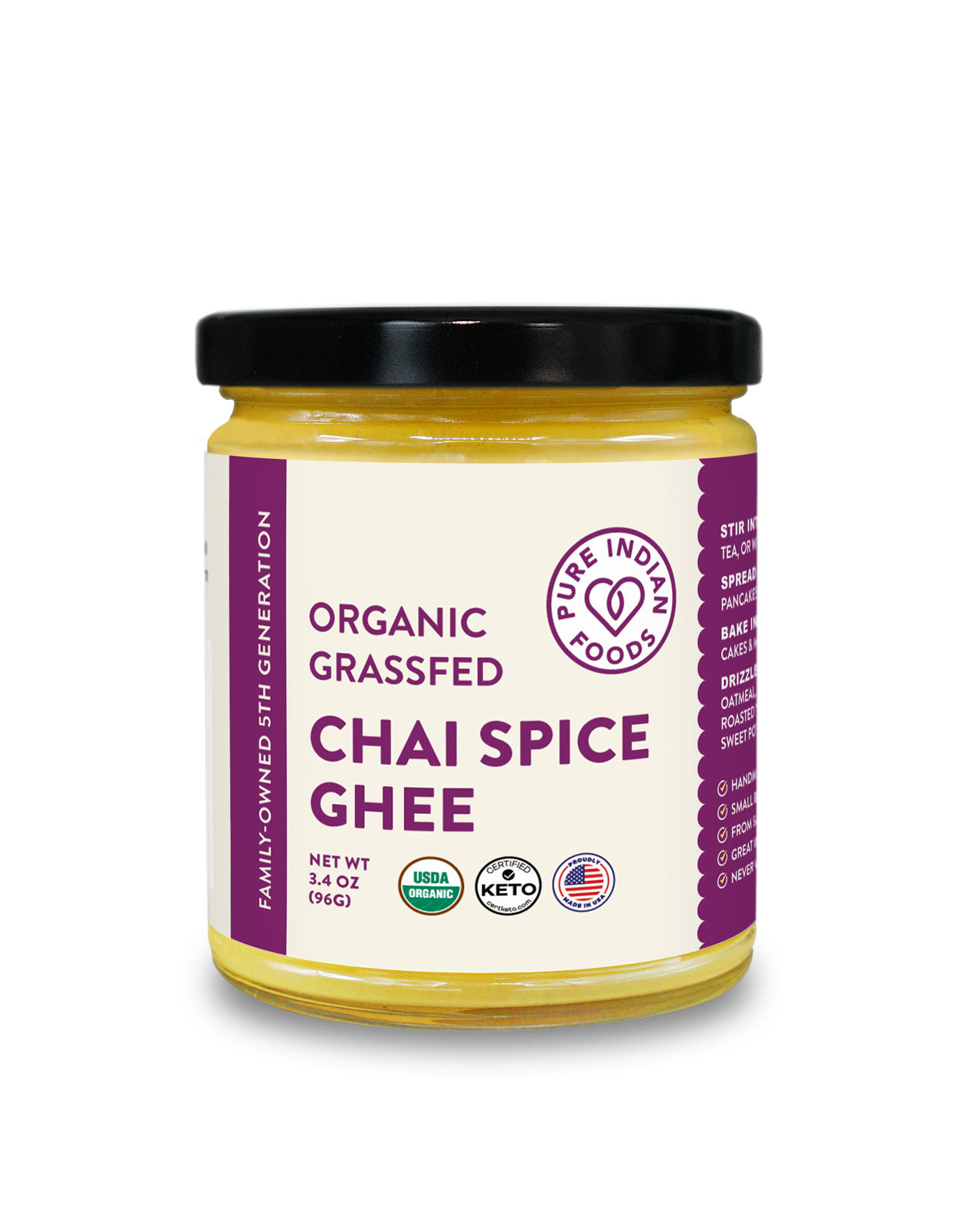 A jar of organic Grassfed chai ghee from Pure Indian Foods. Keto.