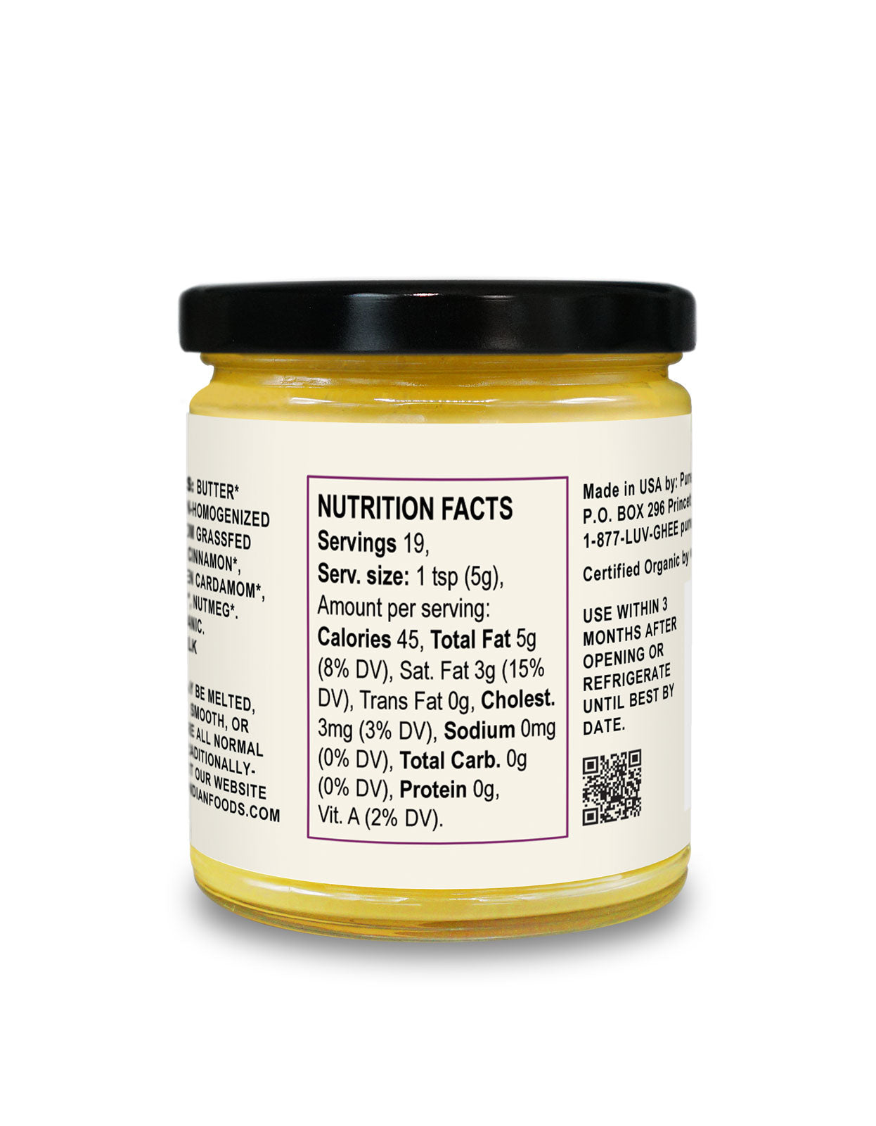 nutrition facts panel on a jar of organic grassfed chai spiced ghee from Pure Indian Foods