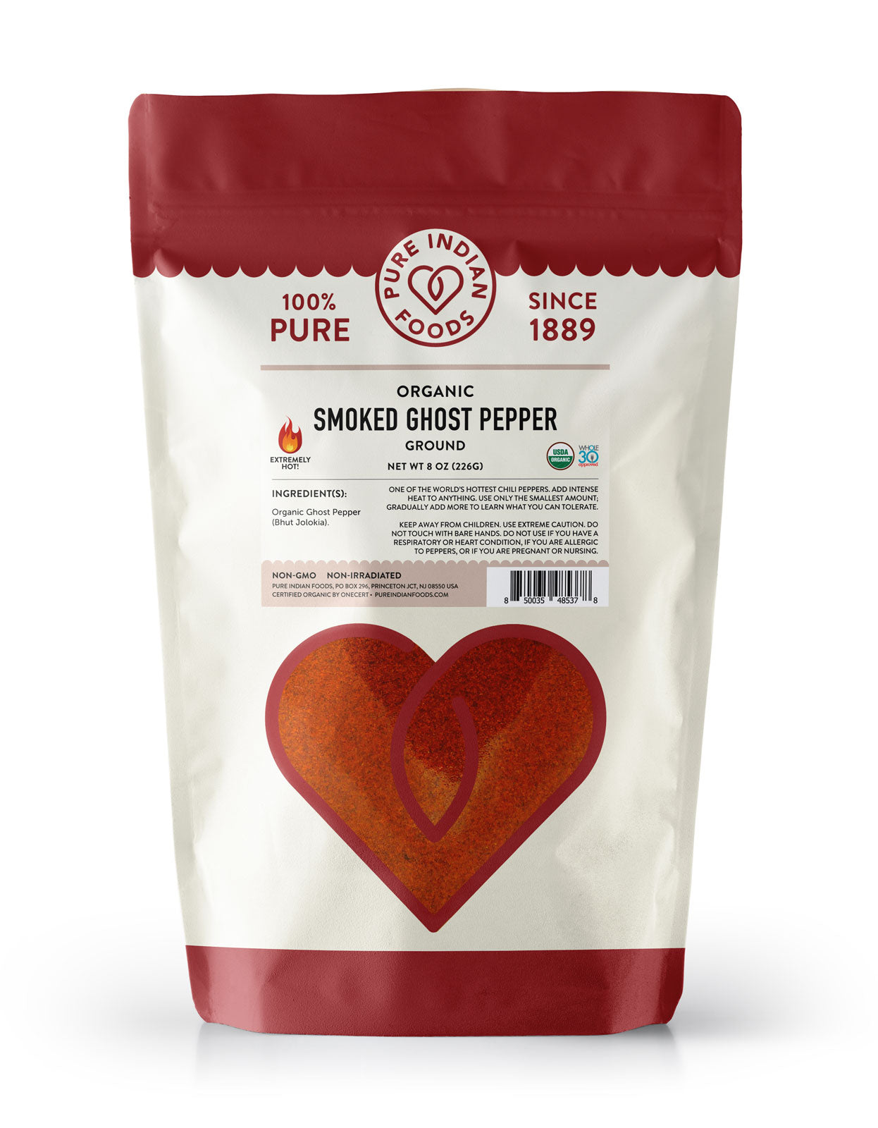 An 8oz bag of ground smoked ghost pepper powder from Pure Indian Foods, certified organic.