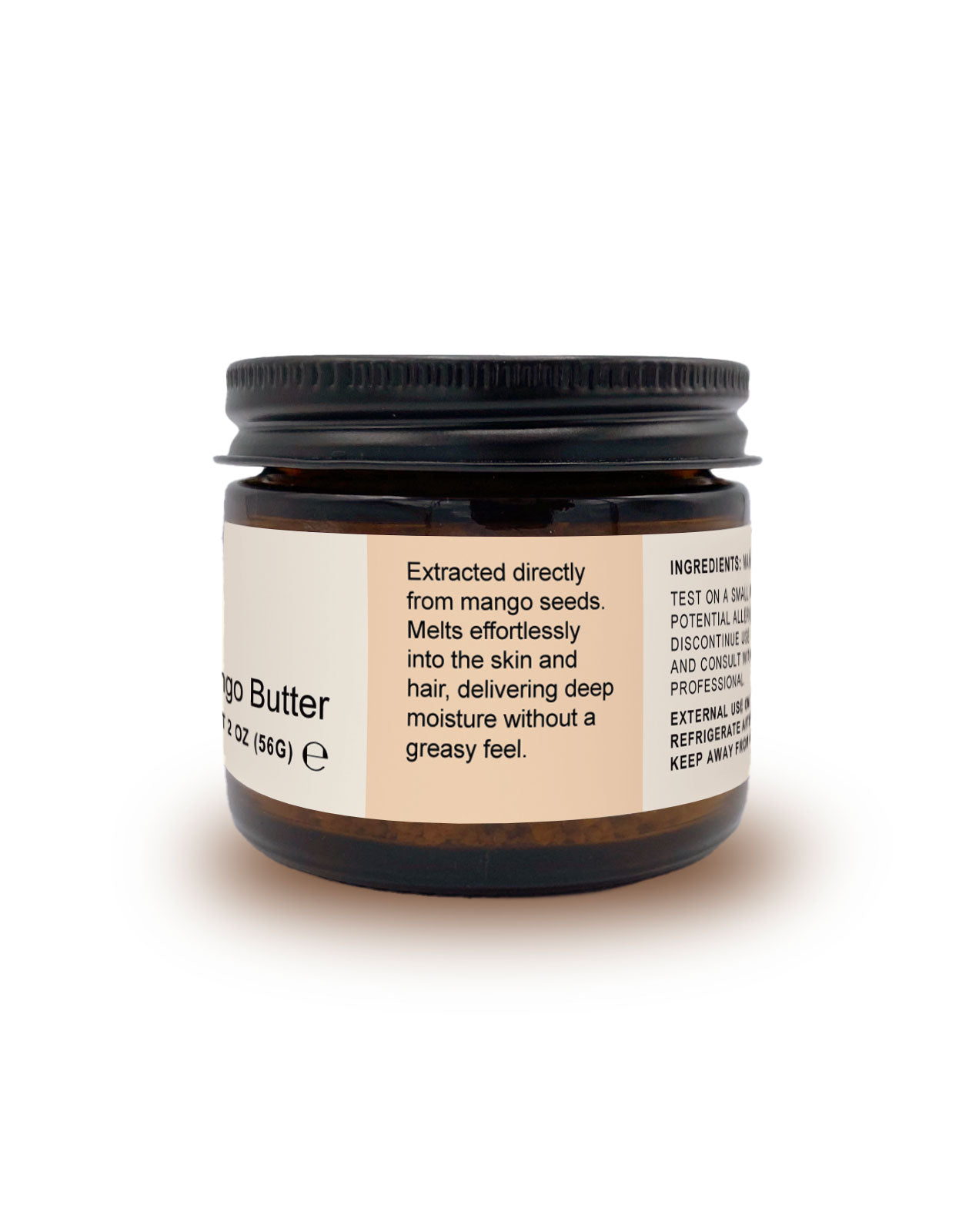 Side label on a jar of mango butter. Says it's extracted directly from mango seeds.