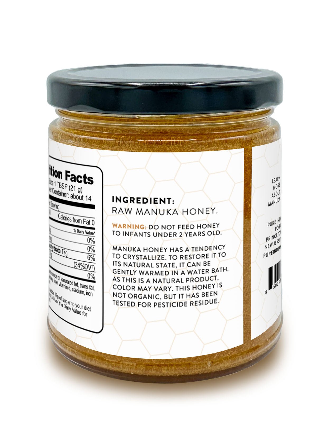 Ingredients label on a jar of pure manuka honey from Pure Indian Foods.