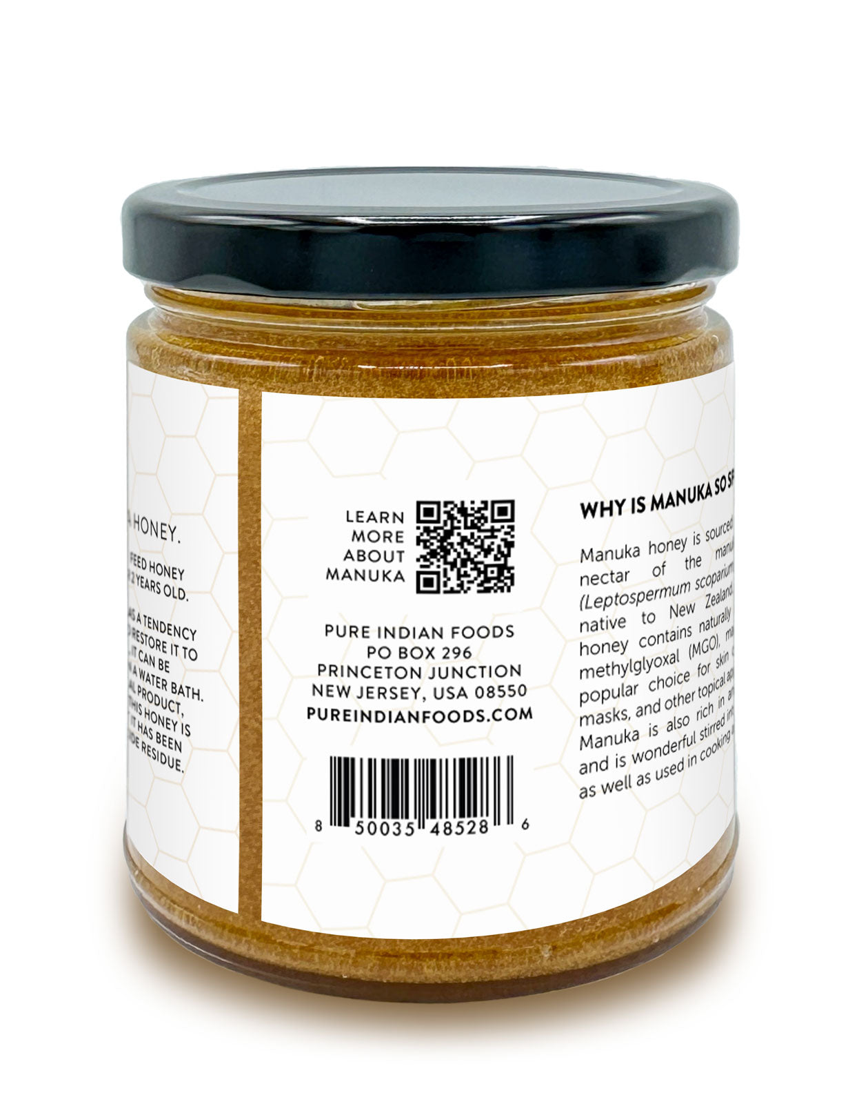 Back label on a jar of pure manuka honey from Pure Indian Foods