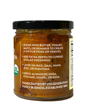 Side of a jar of Organic sweet lemon Pickle by Pure Indian Foods says to blend with butter, yogurt, may or hummus to create a dip for fries or veggies, among other uses.