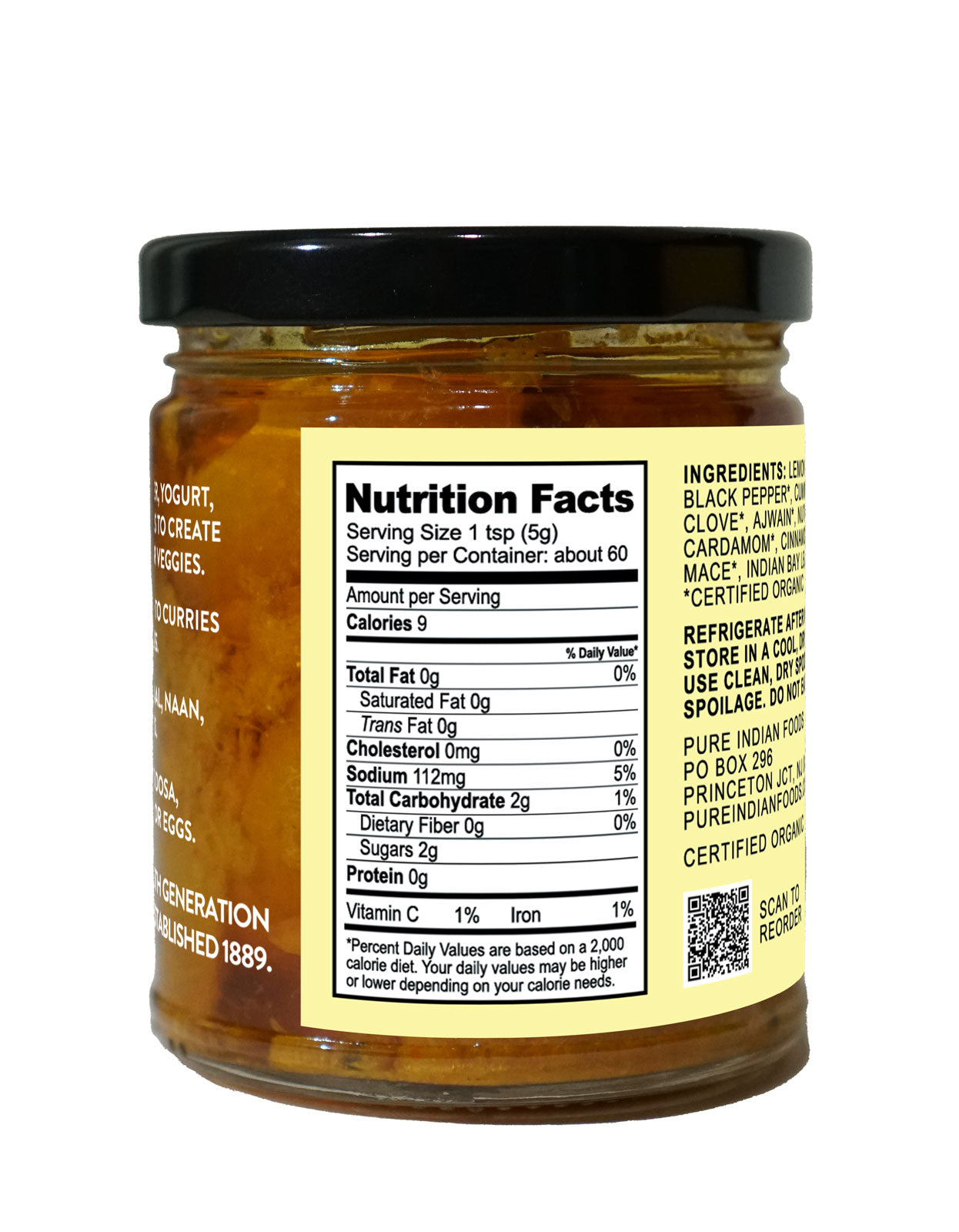 Nutrition Facts label on a jar of Organic Fermented Sweet Lemon Pickle by Pure Indian Foods