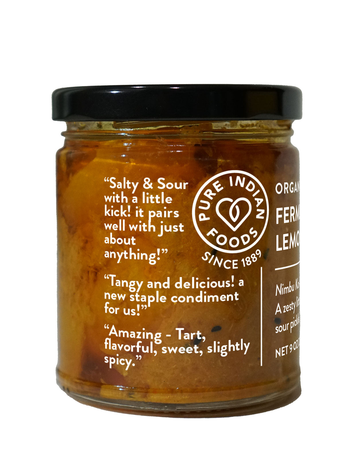 Side view of a jar of Organic Fermented Lemon Pickle with quotations from satisfied customers.