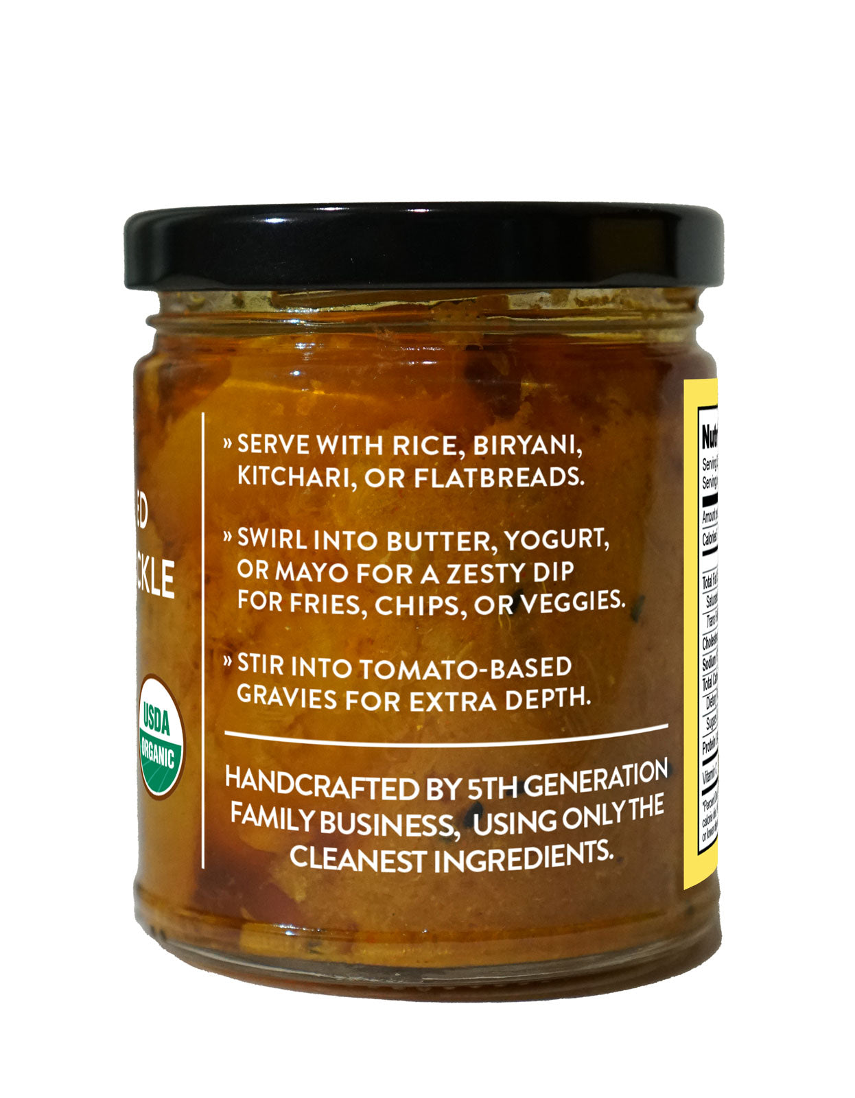 Side view of a jar of Organic Fermented Lemon Pickle from Pure Indian Foods with serving suggestions.