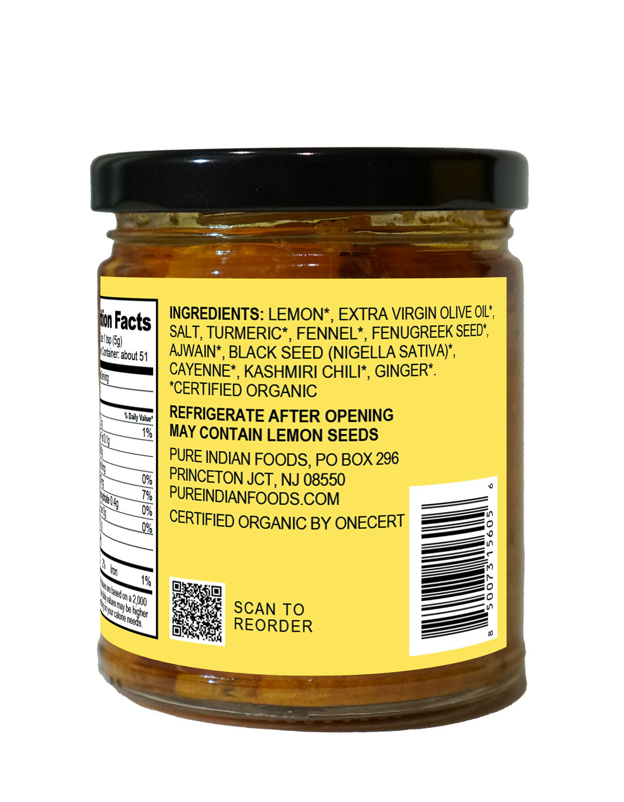 Ingredients label on a jar of organic lemon Achaar from Pure Indian Foods