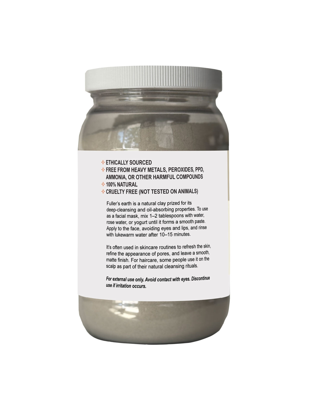 back label on a jar of our multani mitti claiming it's ethically sourced and free from heavy metals.