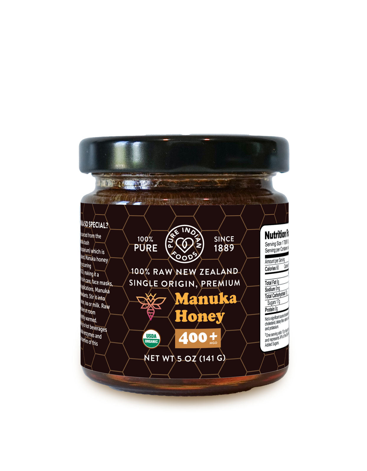 5 oz jar of raw organic Manuka Honey from New zealand with 400+ MGO