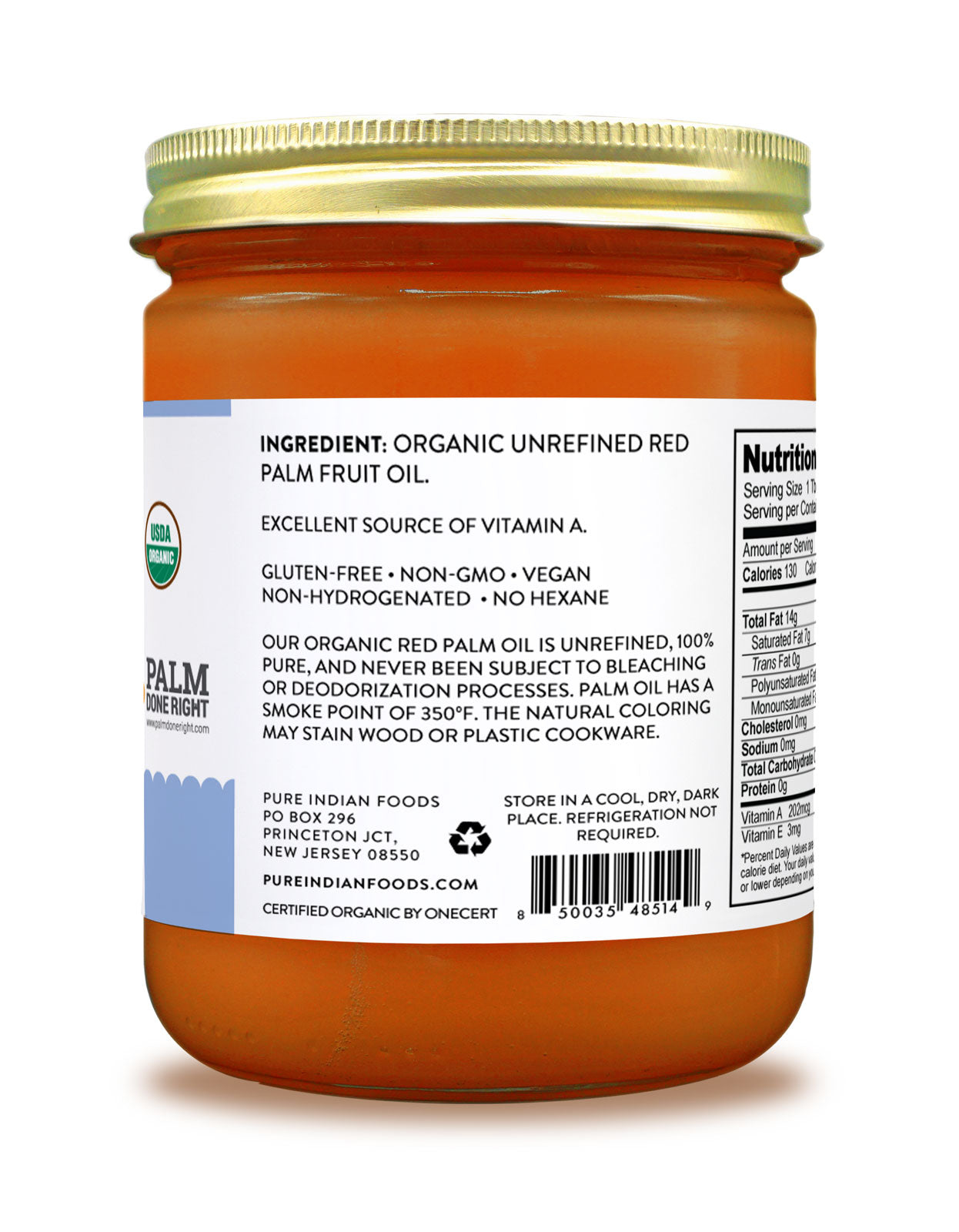 Ingredient label on a jar of organic palm oil from Pure Indian Foods
