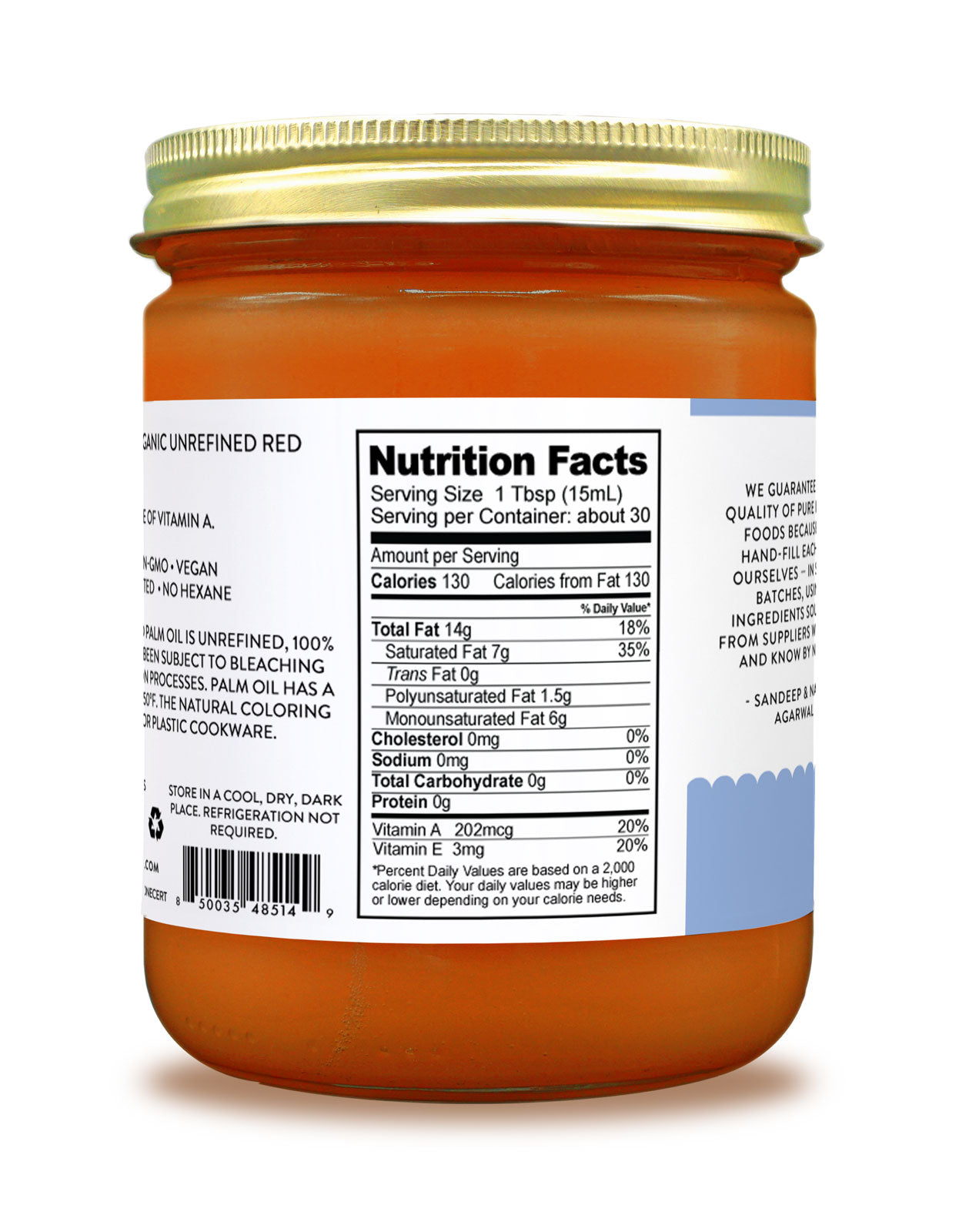 Nutrition Facts label on a jar of red palm fruit oil from Pure Indian Foods