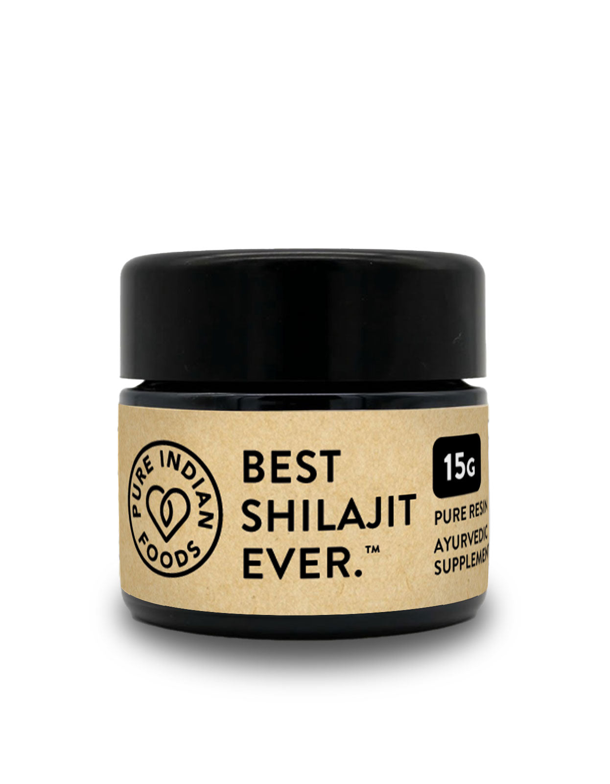 1 jar showing front label of pure Indian Foods' best Shilajit ever in 15g size