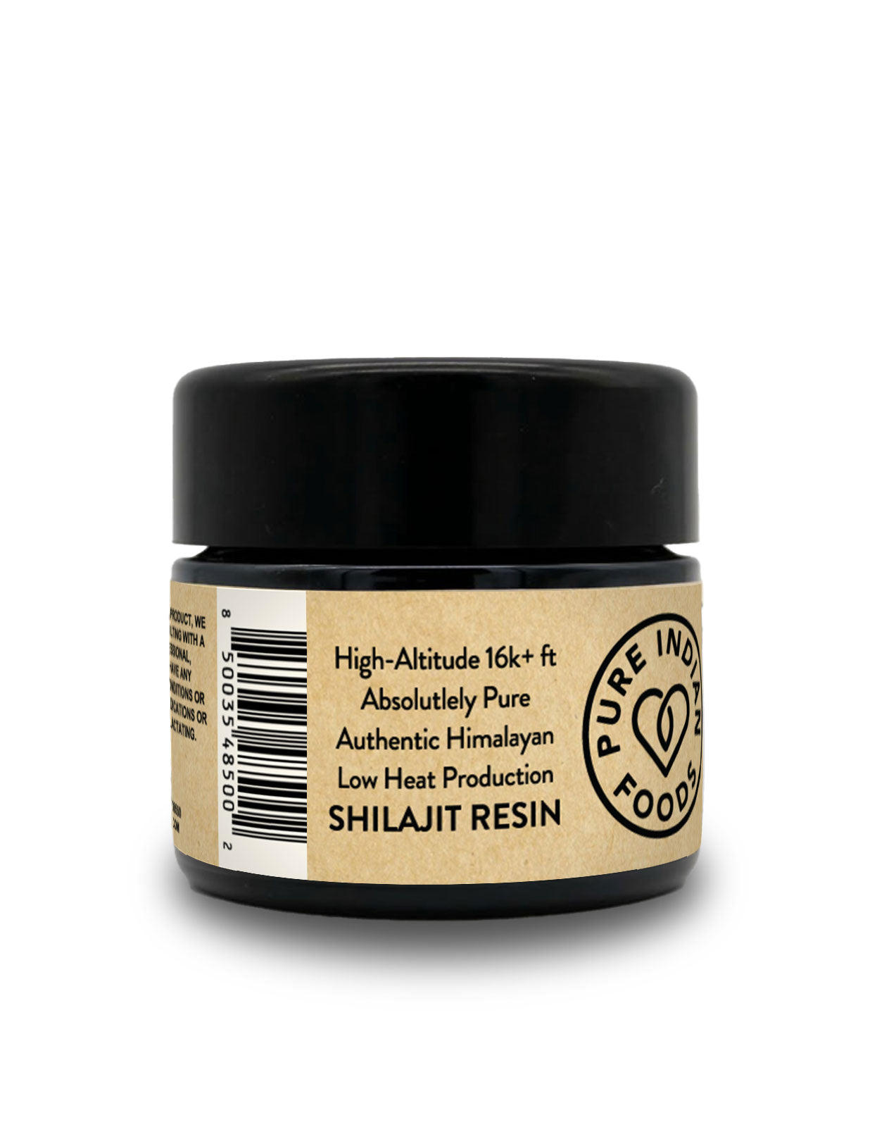 side label of Shilajit Resin saying it's high-altitude at 16k+ ft, absolutely pure, authentic Himalayan, with low-heat production