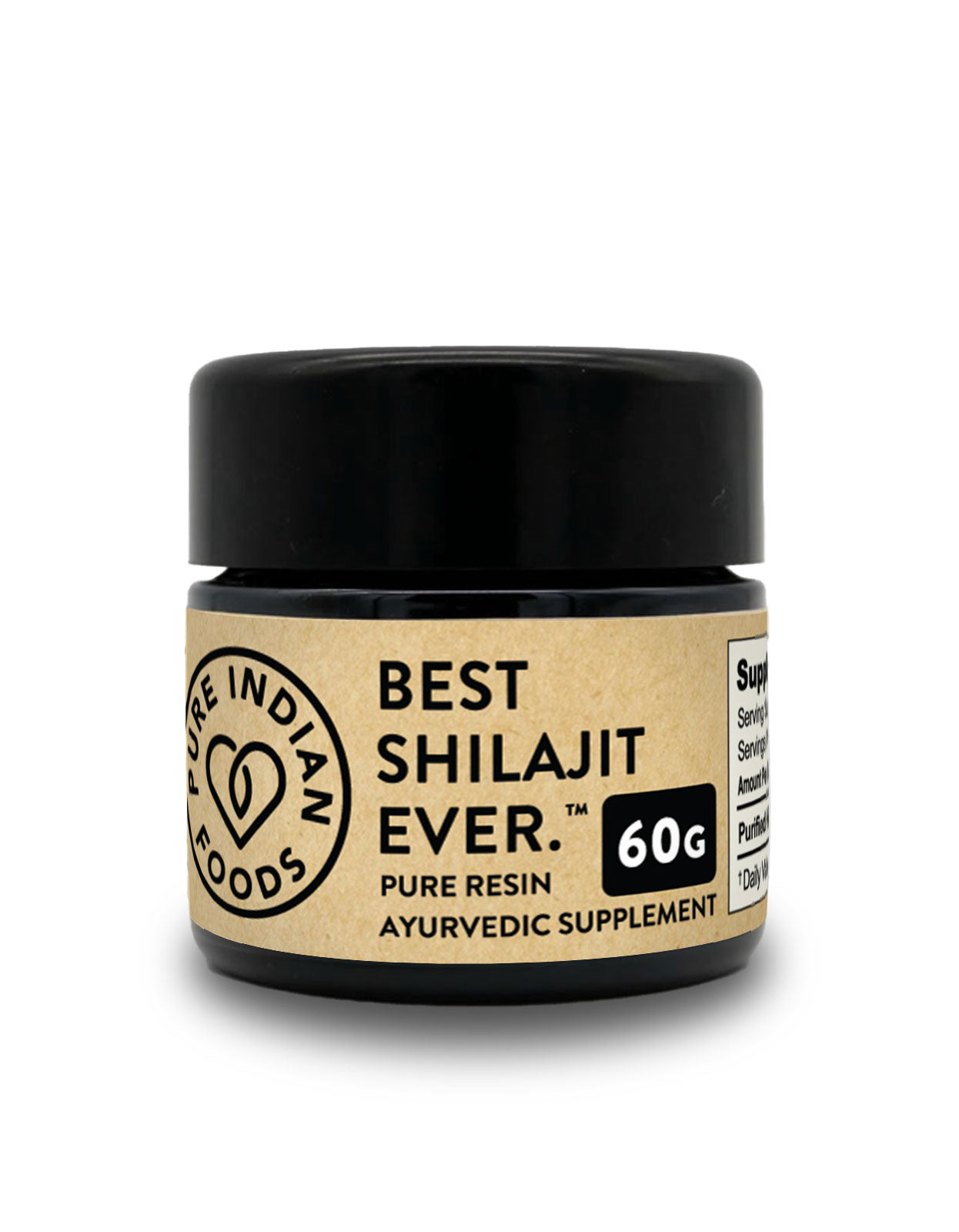 60g jar of pure Indian Foods' best Shilajit ever pure resin ayurvedic supplement on a white background