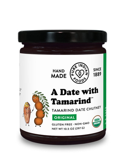 A jar of A Date with Tamarind, a tamarind date chutney from Pure Indian Foods that is certified organic, gluten-free, and non-gmo..