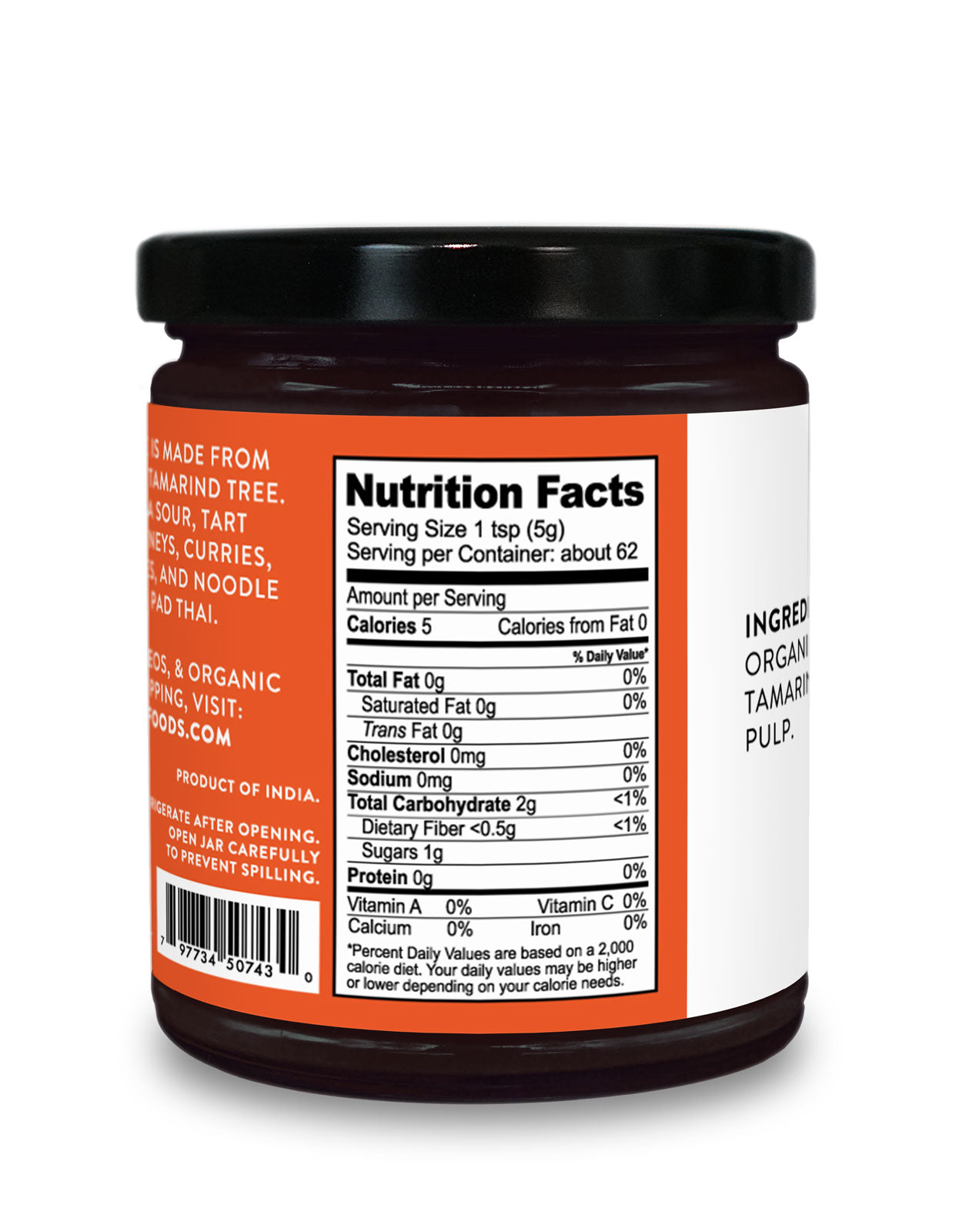 Nutrition Facts Label on a jar of Organic Tamarind Paste by Pure Indian Foods
