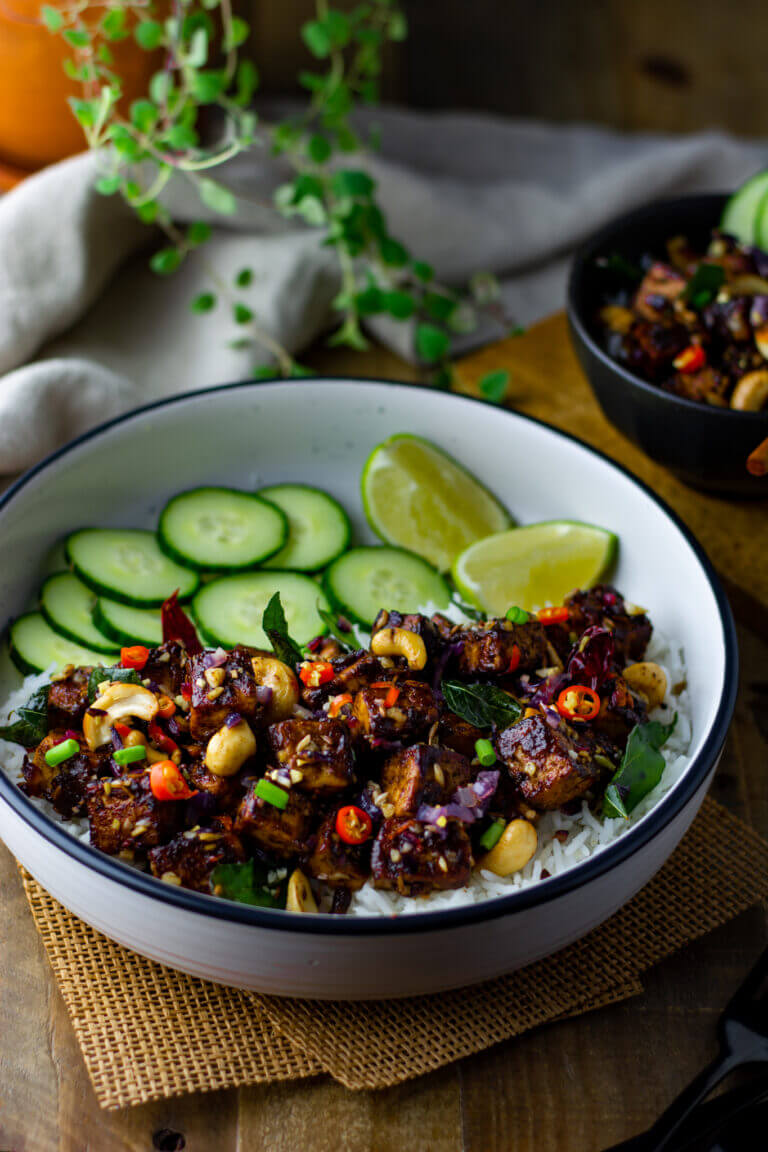 A bowl of rice and tamarind tofu ghee roast made with Pure Indian Foods Organic Tamarind Concentrate