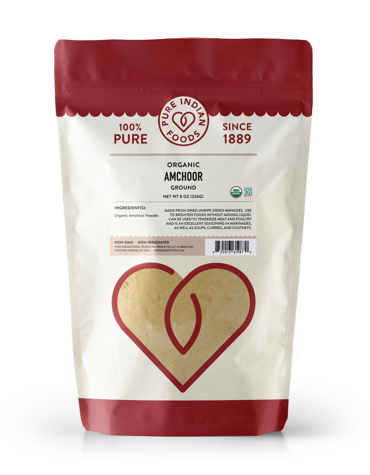 8 oz bag of Pure Indian Foods Organic Amchoor Powder. This amchur is made from organic, dried, unripe green mangoes.