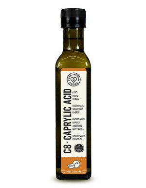 A bottle of pure C8 MCT Oil (Caprylic Acid) by Pure Indian Foods