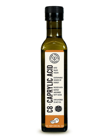 A bottle of pure C8 MCT Oil (Caprylic Acid) by Pure Indian Foods