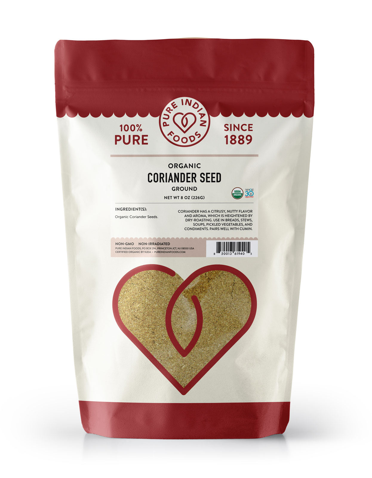 8 oz bag of Organic Ground Coriander Seasoning from Pure Indian Foods