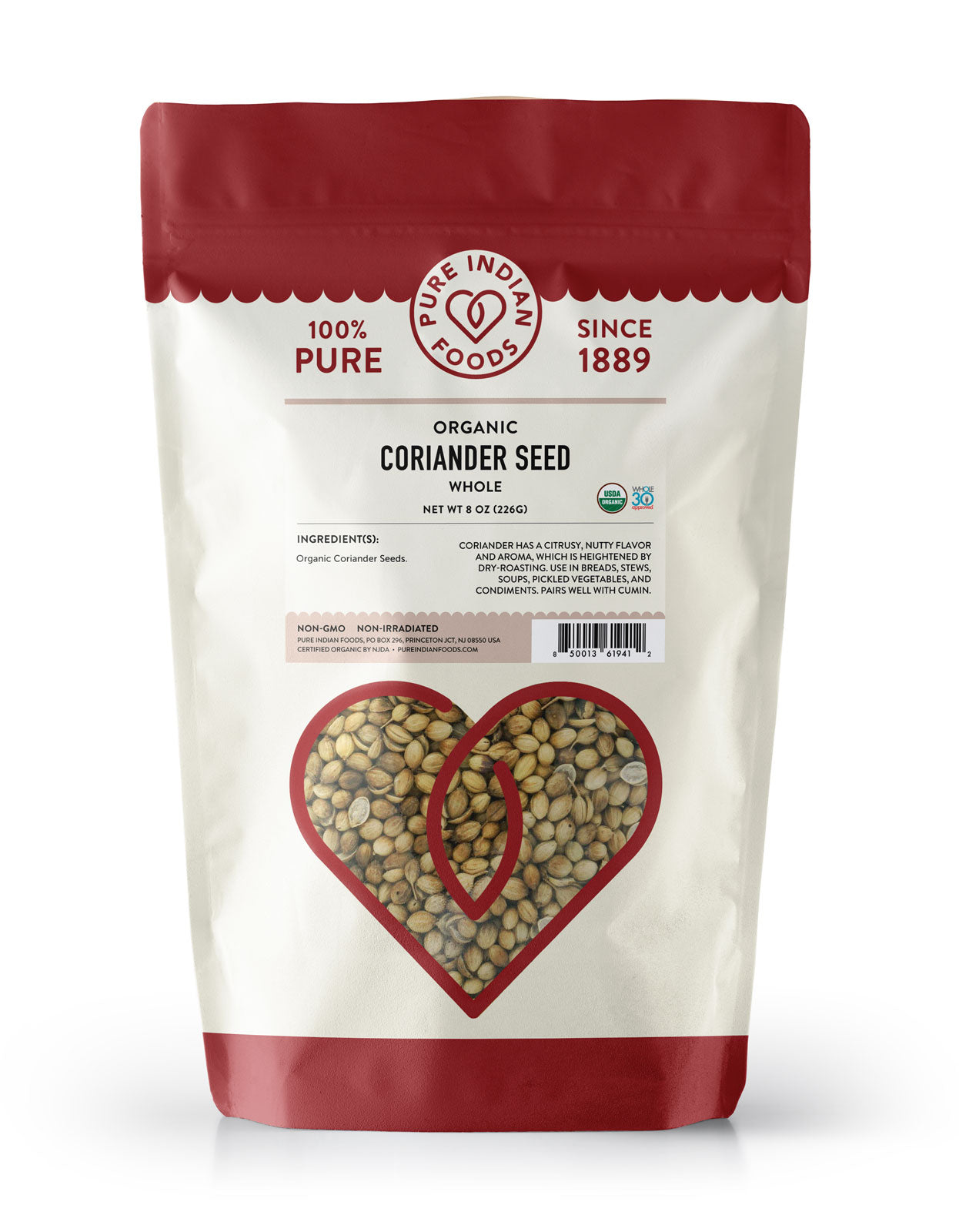 8oz bag of whole organic coriander seed from Pure Indian Foods