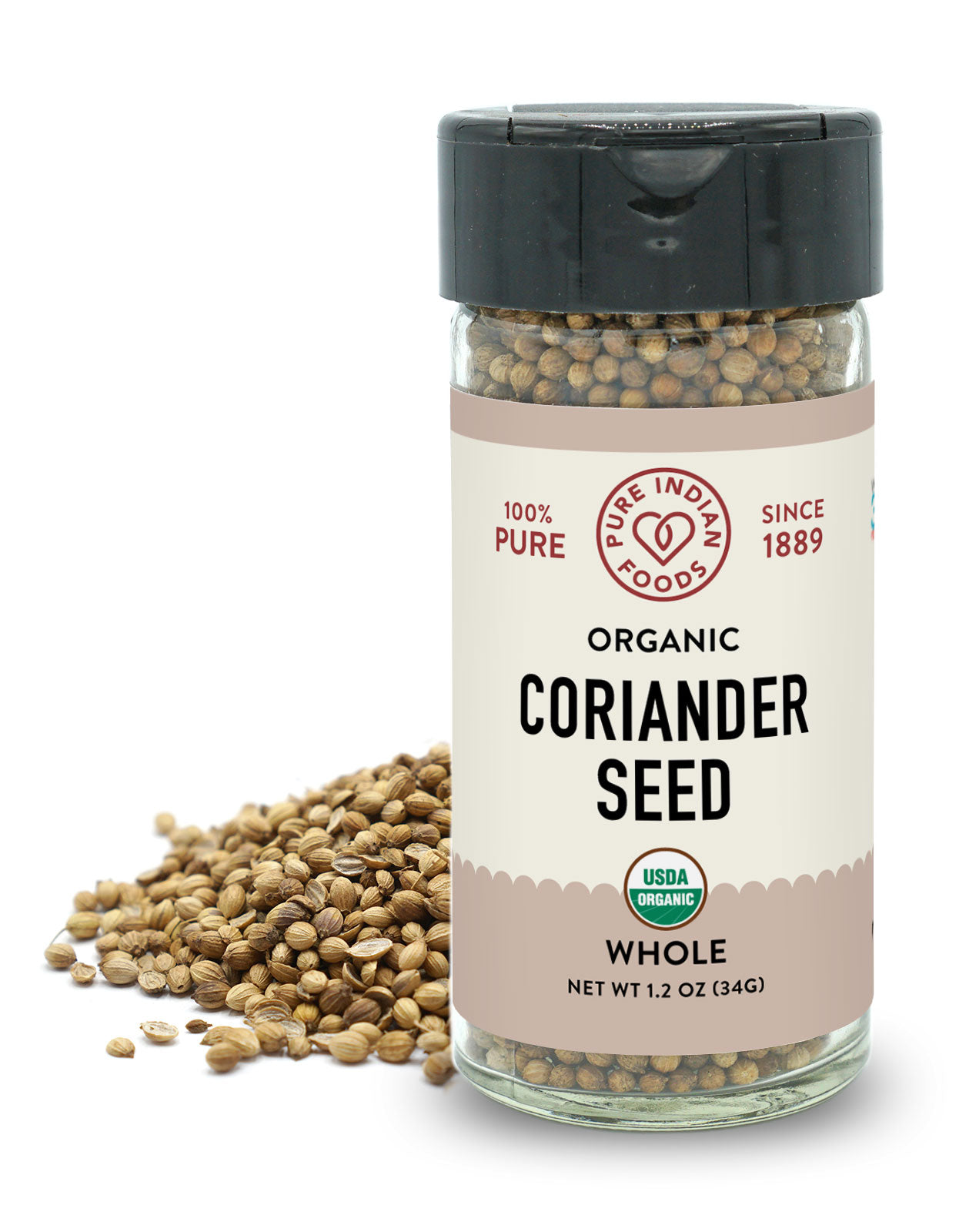 1.2 oz jar of whole organic coriander seed from Pure Indian Foods