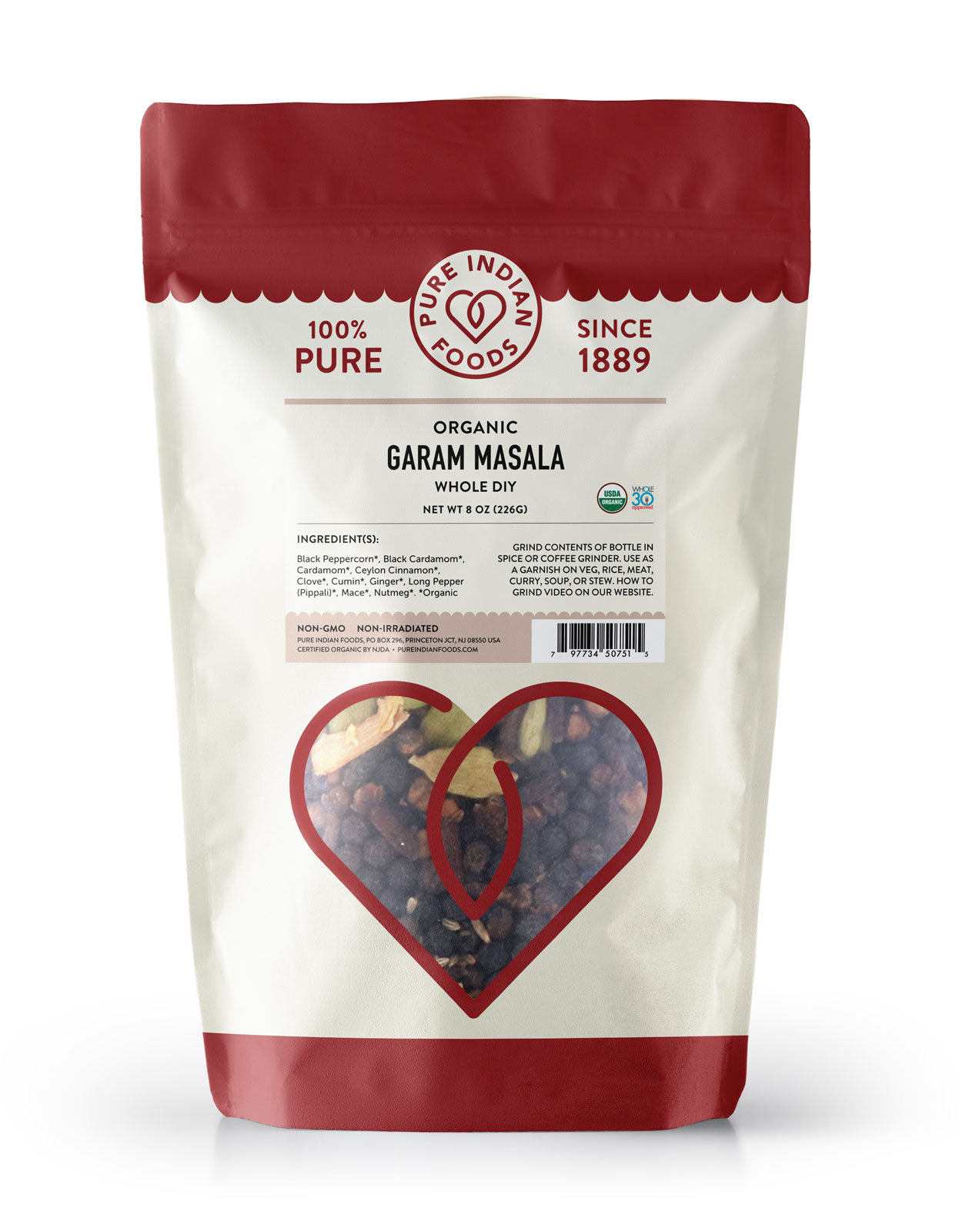 An 8 oz bag of Organic Whole Garam Masala from Pure Indian Foods.