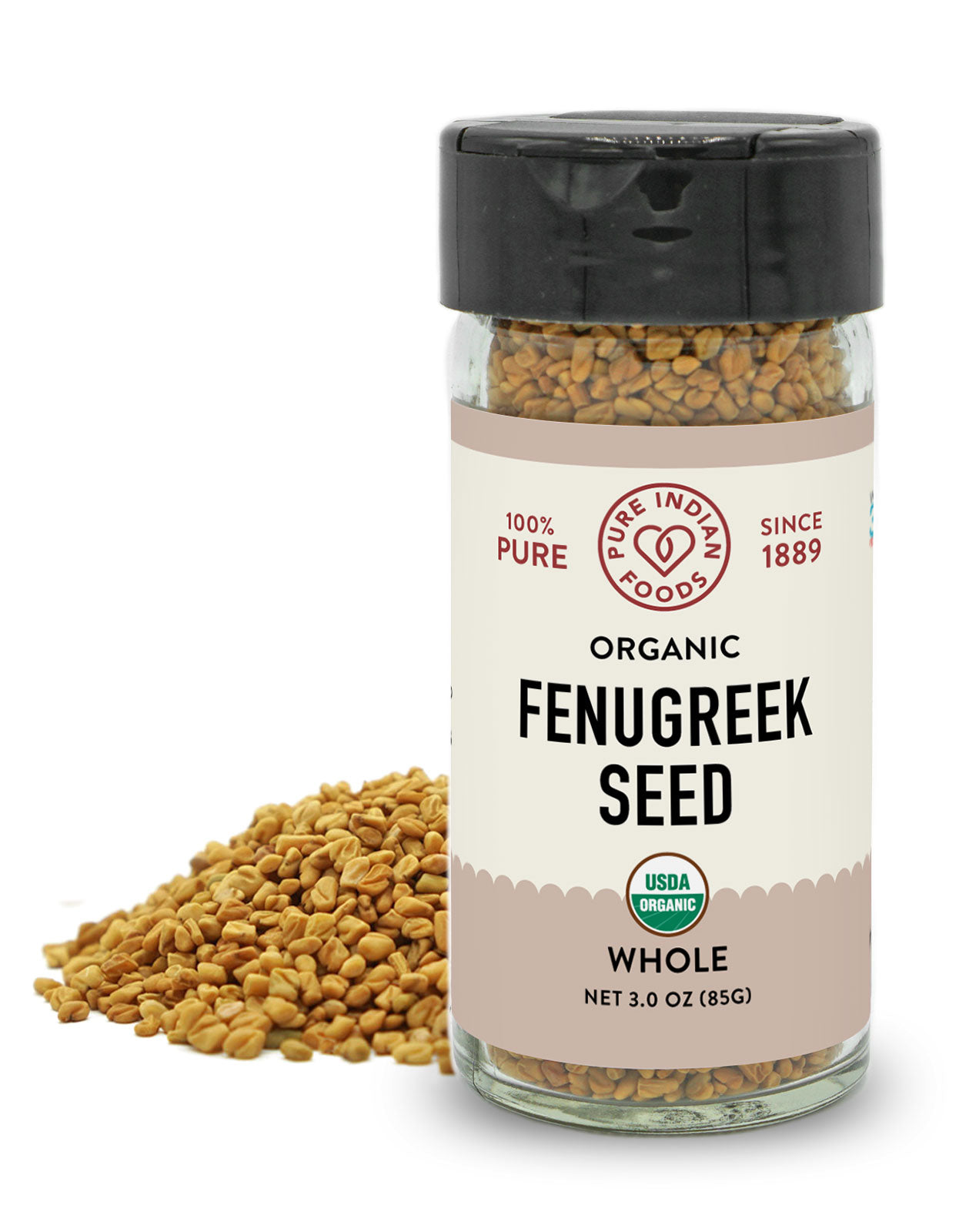 A 3 oz jar of Pure Indian Foods Organic Fenugreek Seed, whole.