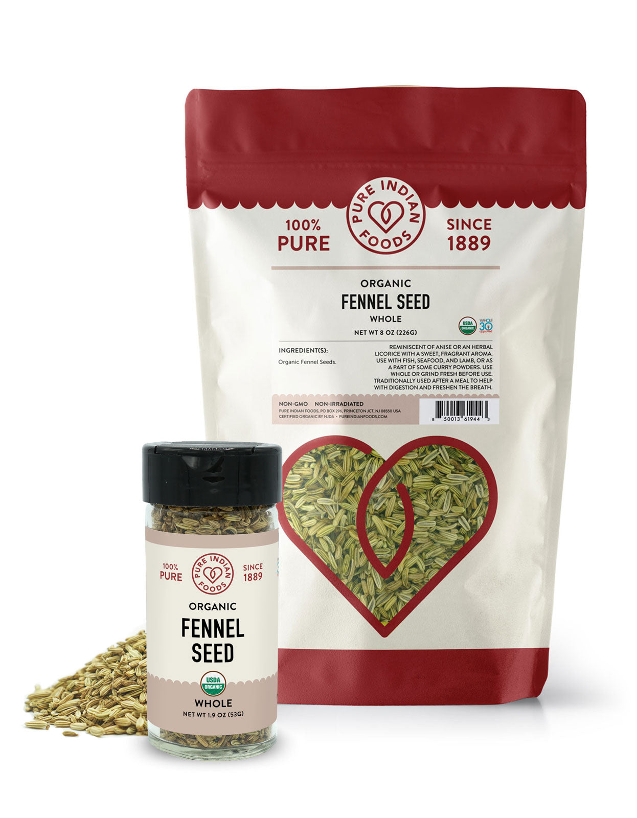 Organic fennel seed from Pure Indian Foods in two variants, an 8oz bag and a 1.9oz jar