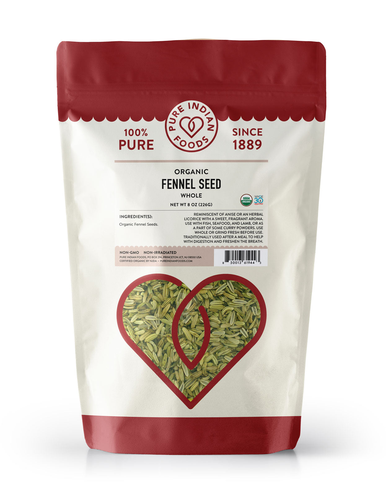 An 8 oz bag of organic fennel seed from Pure Indian Foods on a white background