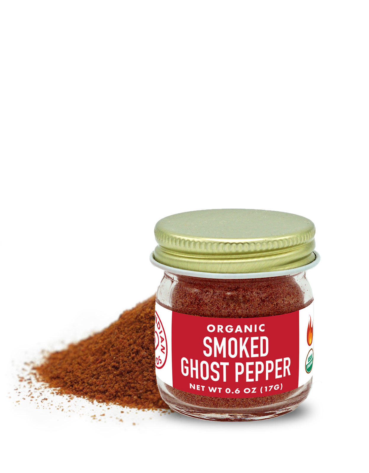 A small 0.6oz jar of organic smoked ghost pepper from Pure Indian Foods