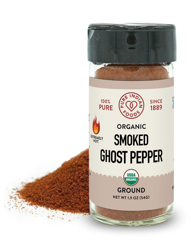 A 1.9 oz jar of organic smoked ghost pepper from Pure Indian Foods