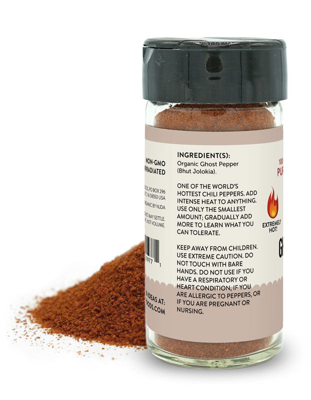 Ingredients label on a jar of organic ghost pepper (smoked Bhut Jolokia) powder from Pure Indian Foods