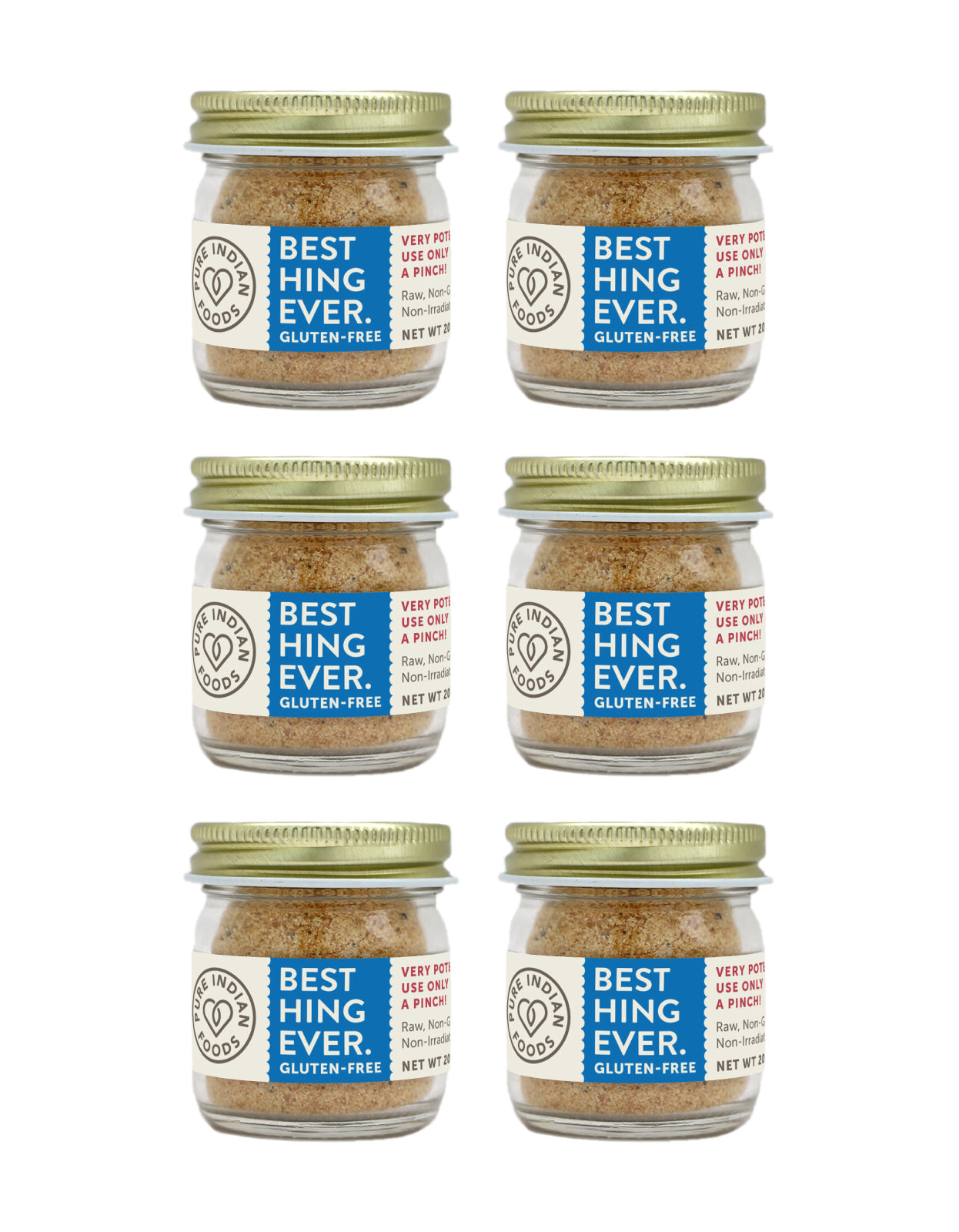 6 pack of our Asafoetida powder, clearly showing a gluten-free label