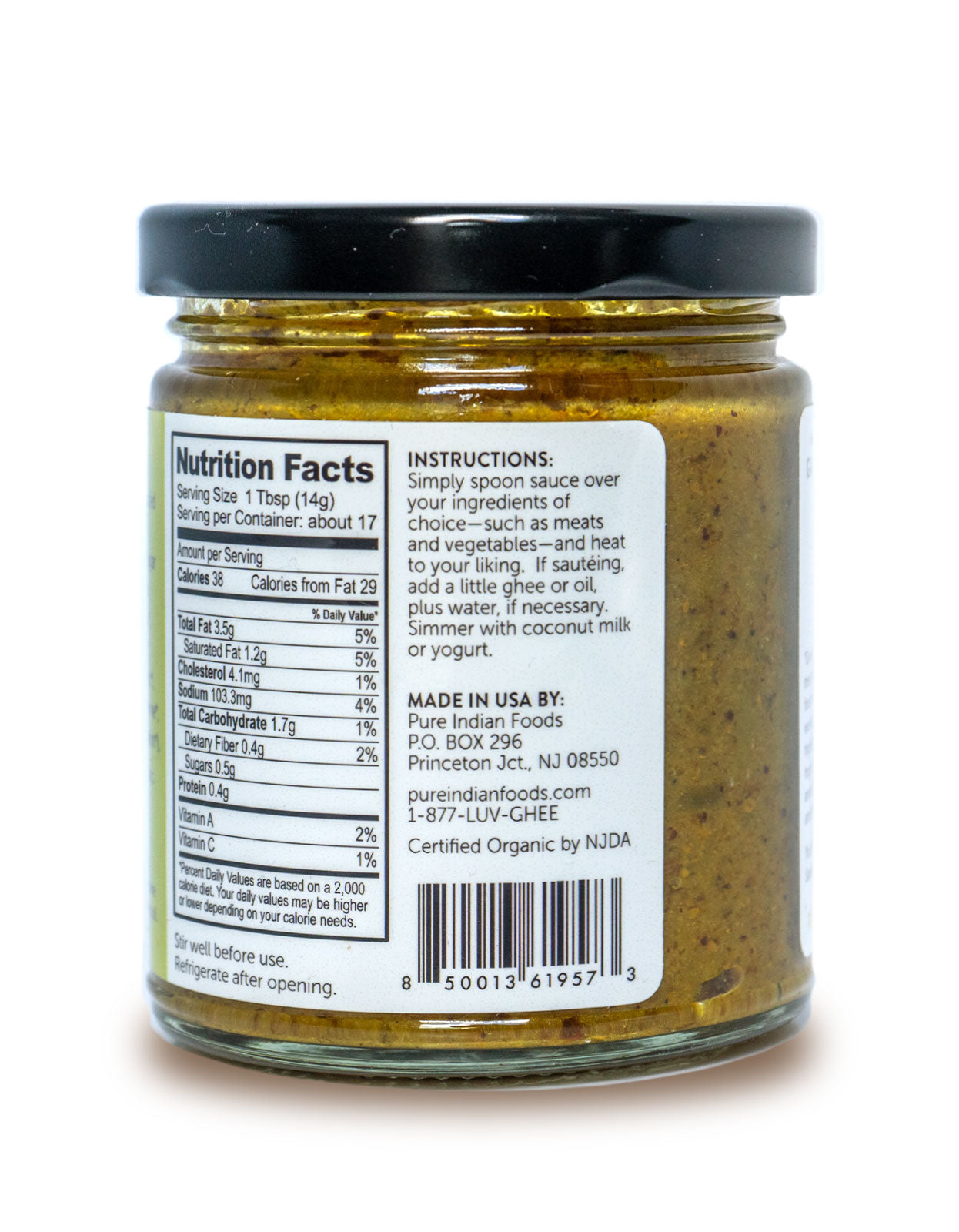 Instructions label on a jar of Pure Indian Foods Keto In A Hurry Madras Curry Sauce