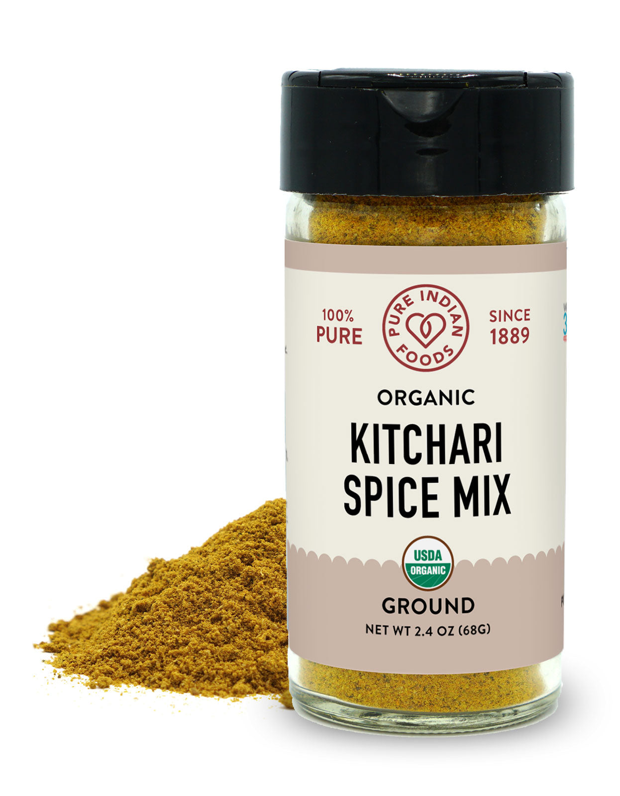 2.4 oz glass bottle of Pure Indian Foods Kitchari Spice Mix, organic and ground
