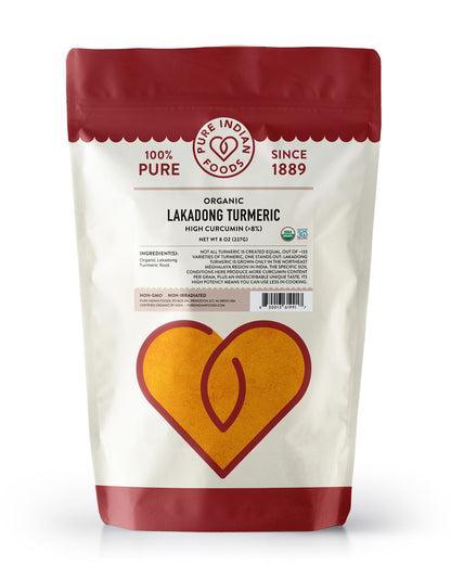 Bag of Pure Indian Foods Organic Lakadong Turmeric Powder. Label shows it's a high curcumin turmeric (>8%)
