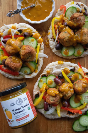 Our delicious no sugar added mango chutney being used with tasty falafel