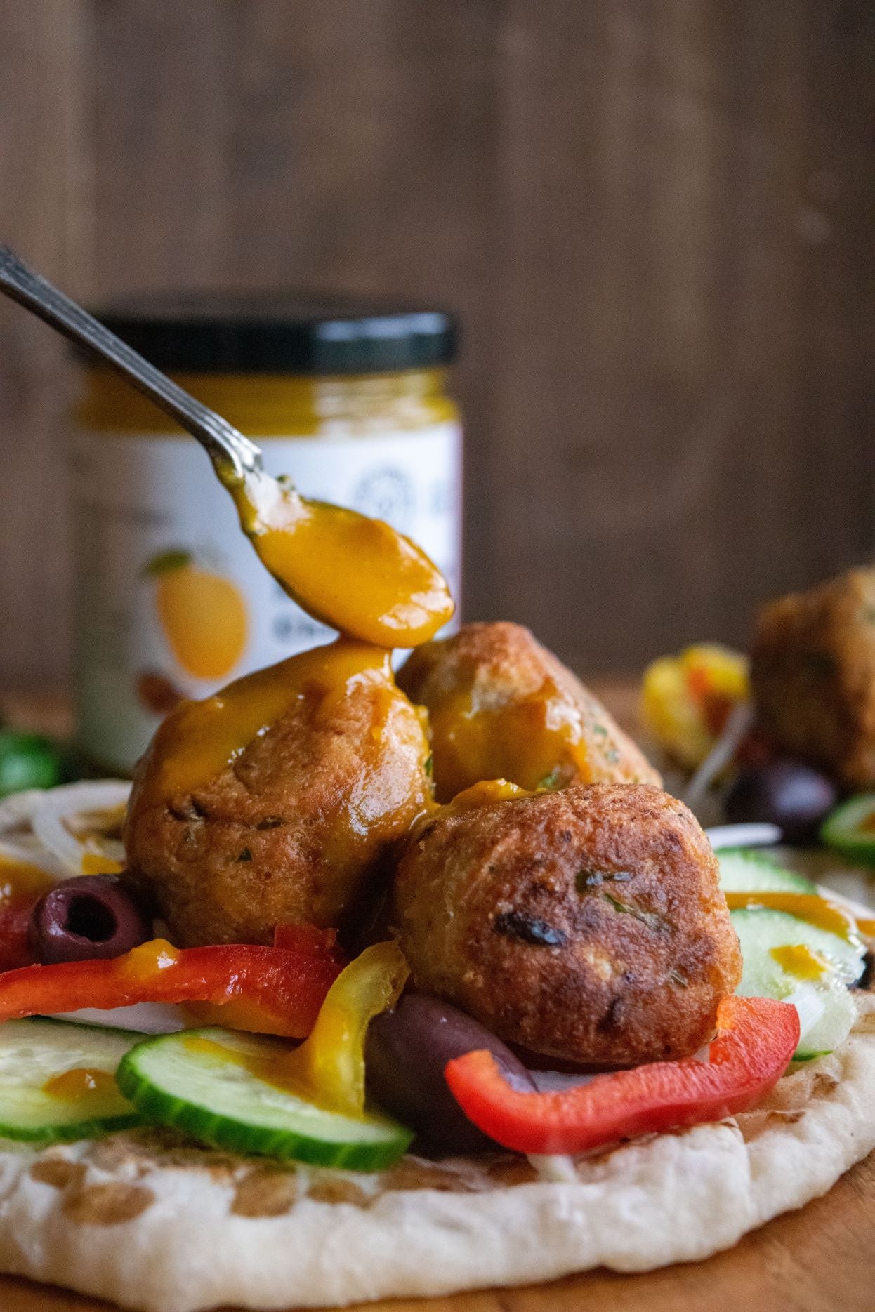 Mouthwatering falafel and veggies on pita served with our no sugar added mango chutney from Pure Indian Foods
