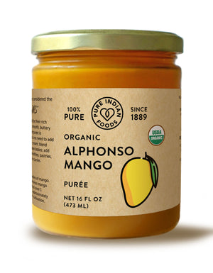 jar of organic alphonso mango puree containing 100% pure organic mango pulp