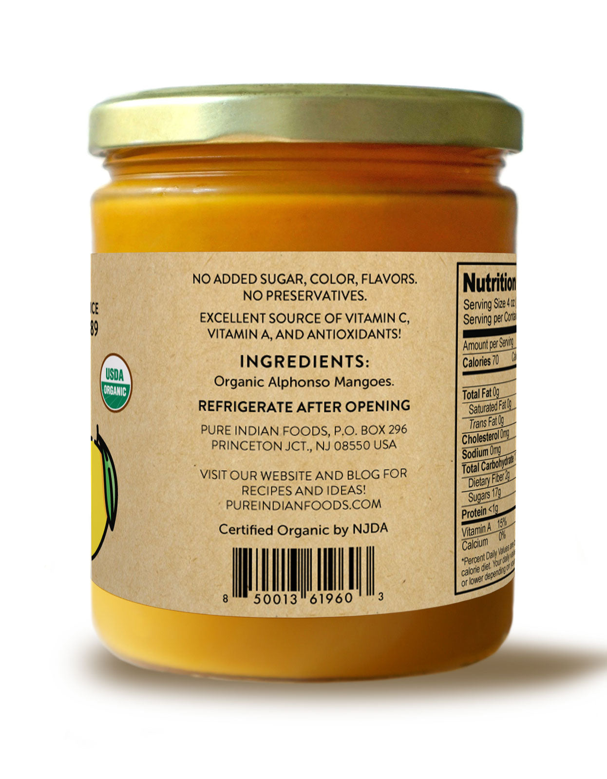 jar of alphonso mango puree containing 100% pure organic mango pulp. label says there's no added sugar, color, flavors, and no preservatives. excellent source of vitamin c, vitamin a, and antioxidants. refrigerate after opening.