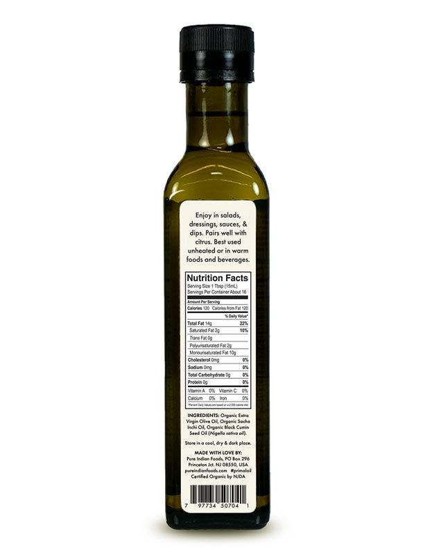 Nutrition Facts label on a bottle of Primal Oil from Pure Indian Foods