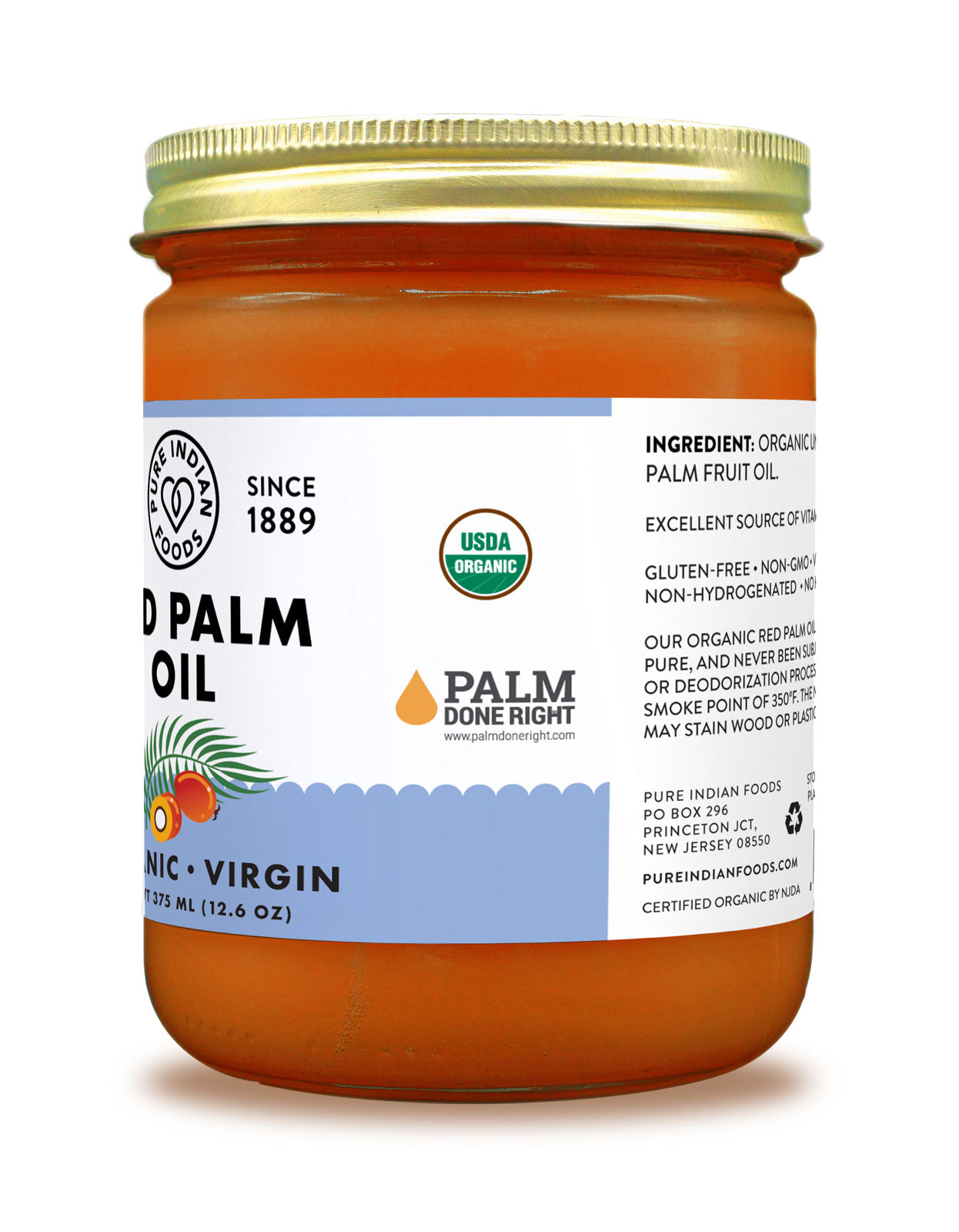 Side label on a jar of organic red palm oil from Pure Indian Foods.