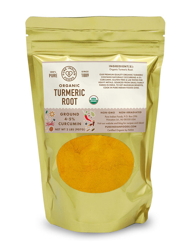 Bag of pure turmeric powder from Pure Indian Foods. Non-irradiated. Non-GMO. No fillers or additives. 