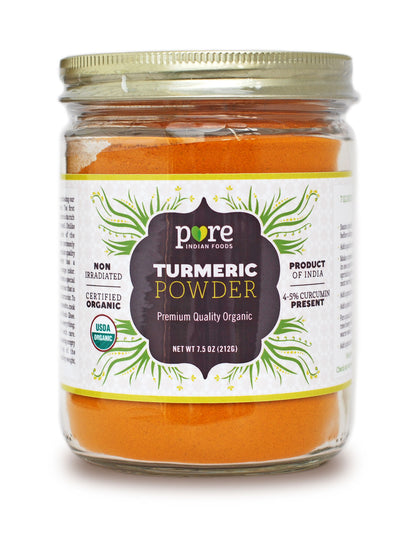 Pure turmeric powder from Pure Indian Foods. The only bulk organic turmeric powder to be packaged in a glass jar. Non-irradiated. 4-5% curcumin.