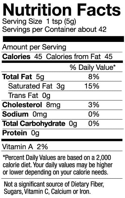Nutrition Facts for a jar of Pure Indian Foods Organic Turmeric Superghee